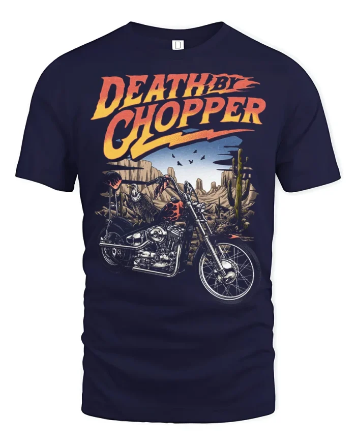 Death By Chopper Motorcycle Graphic T Shirt Vintage Biker Style - navy t-shirt on white background