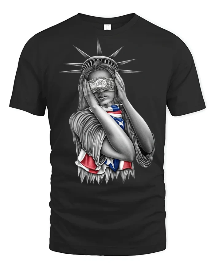 Blindfold Liberty Woman With Dollar Bill Patriotic T Shirt - black t-shirt on white background