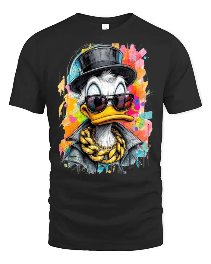 Cool Gangster Duck With Gold Chain Street Art Graphic T Shirt - black t-shirt on white background