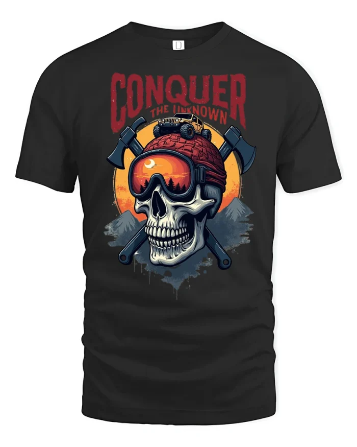 Conquer The Unknown Skull Off Road Adventure Graphic T Shirt - black t-shirt on white background