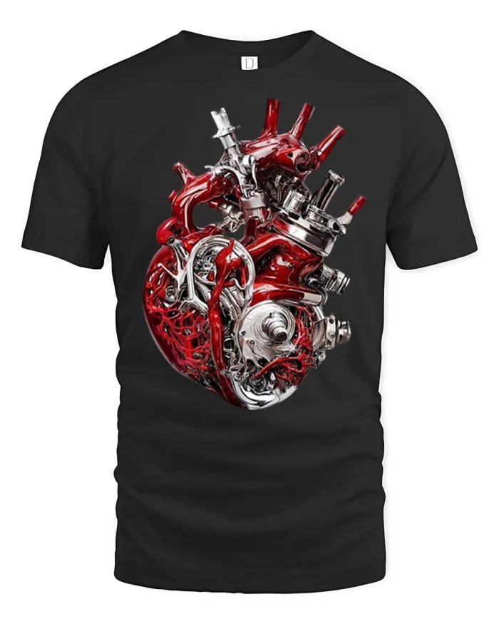 Cyberpunk Mechanical Heart T Shirt Futuristic Anatomy Art Tee - black t-shirt on white background