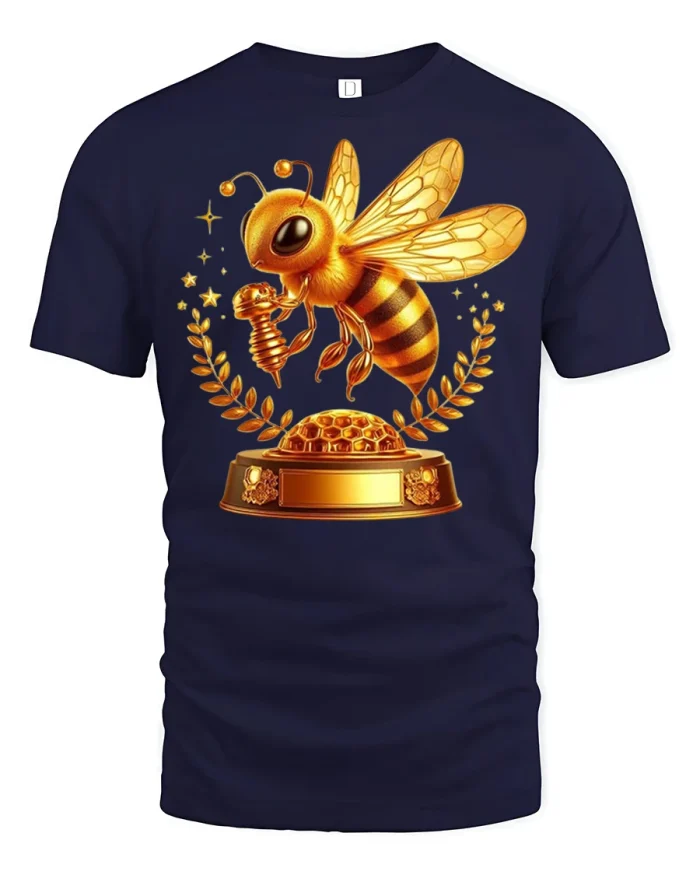 Golden Honey Bee Graphic T Shirt Cute Award Style Design - navy t-shirt on white background