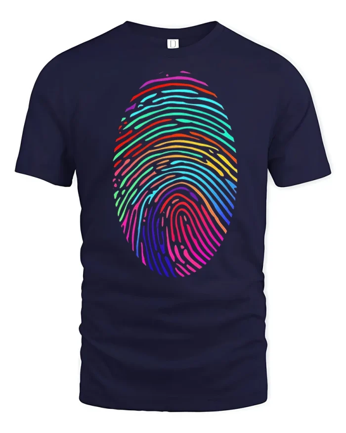 Colorful Fingerprint Graphic T Shirt Unique Identity Design - navy t-shirt on white background
