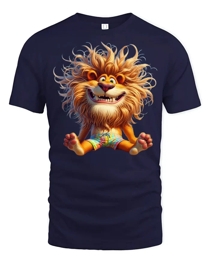 Funny Happy Lion Graphic T Shirt Cute Cartoon Animal Style - navy t-shirt on white background