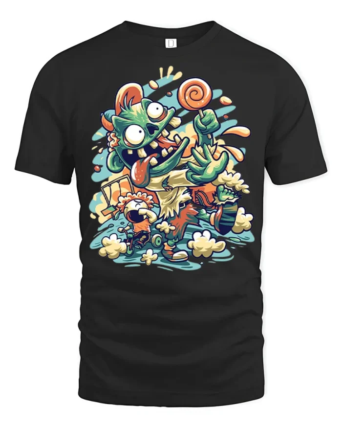 Funny Zombie Cartoon Graphic T Shirt Crazy Candy Monster Art - black t-shirt on white background