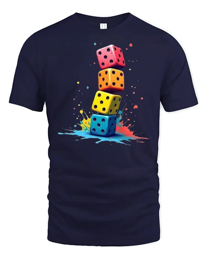 Colorful Dice Stack Graphic T Shirt Fun Gaming Art Style Tee - navy t-shirt on white background