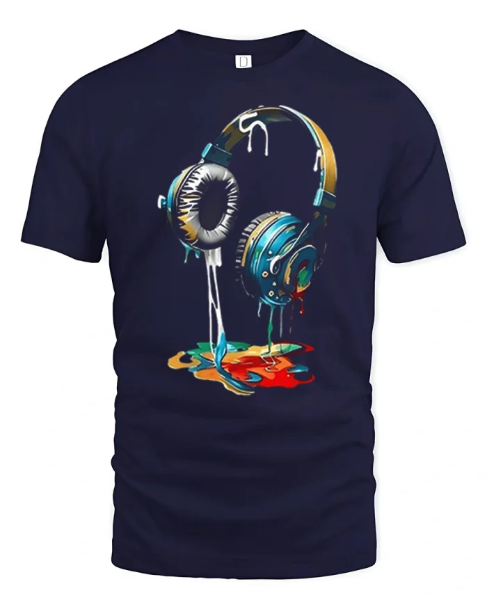 Melting Headphones Graphic T Shirt Cool Music Art Style Tee - navy t-shirt on white background