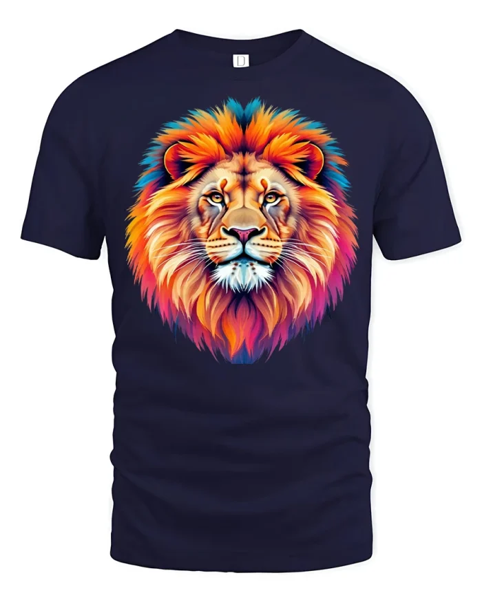 Vibrant Neon Lion Face Graphic T Shirt Bold King Energy Style - navy t-shirt on white background