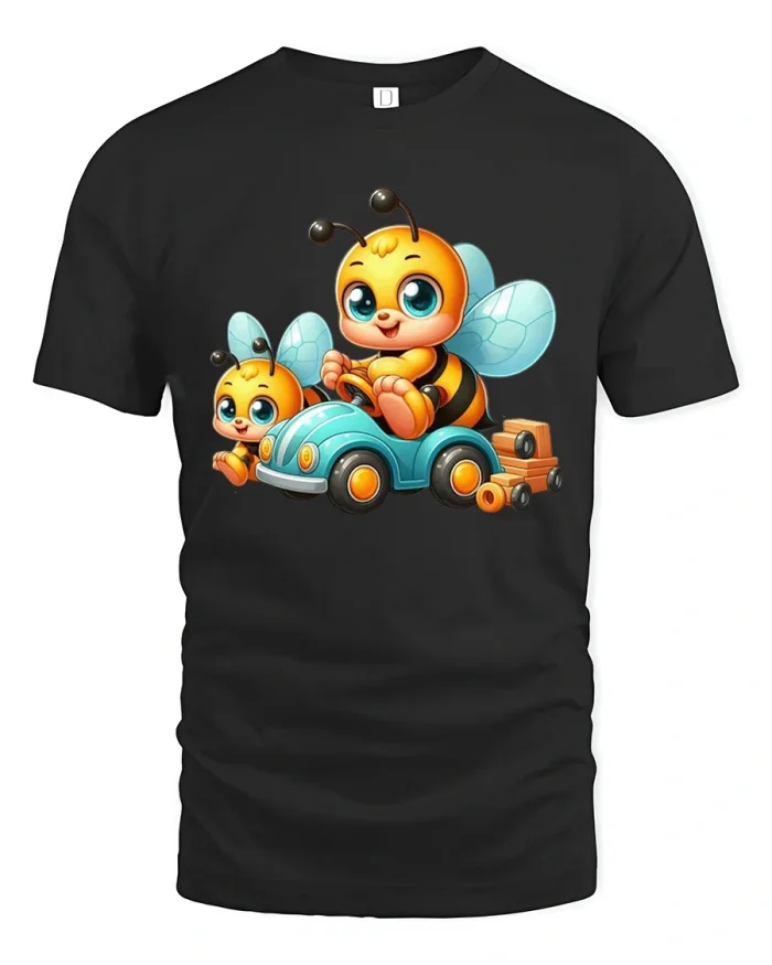 Cute Baby Bee Driving Car Cartoon Graphic T Shirt - black t-shirt on white background