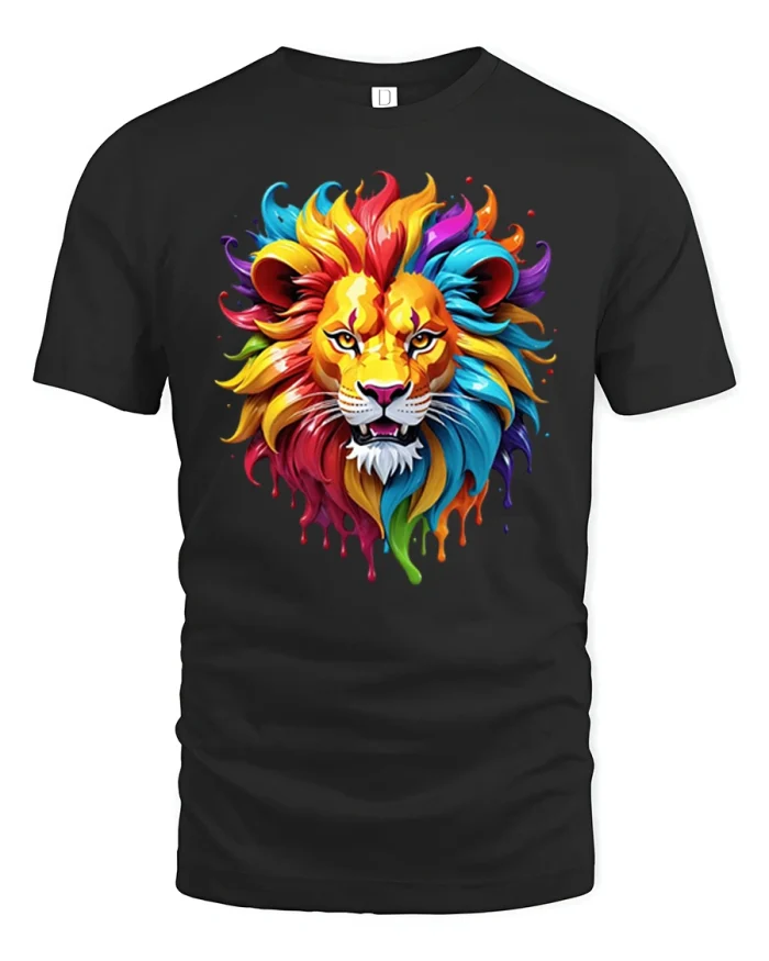 Colorful Lion Head Paint Splash Graphic T Shirt - black t-shirt on white background