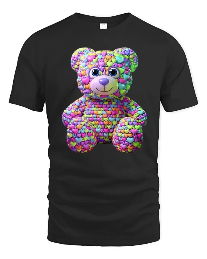 Colorful Candy Heart Teddy Bear Graphic T Shirt - black t-shirt on white background