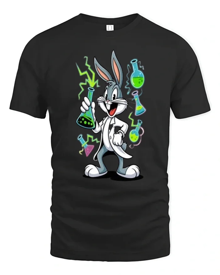 Funny Scientist Bunny Cartoon Lab Graphic T Shirt - black t-shirt on white background