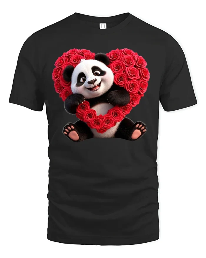 Cute Panda With Rose Heart Valentine Graphic T Shirt - black t-shirt on white background