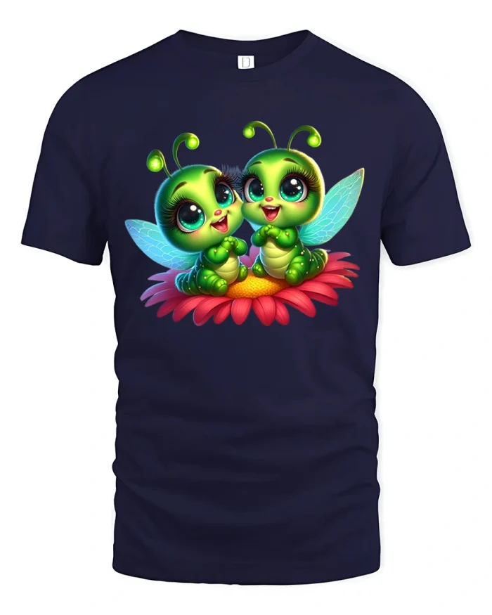 Cute Twin Firefly Bugs On Flower Graphic T Shirt - navy t-shirt on white background