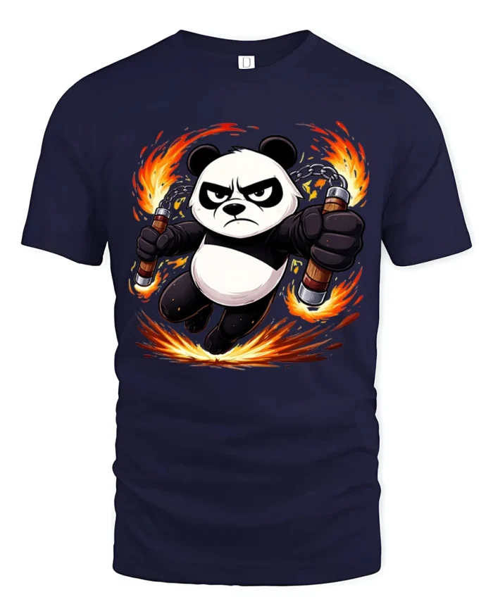 Fierce Panda Warrior With Flaming Nunchucks Graphic T Shirt - navy t-shirt on white background