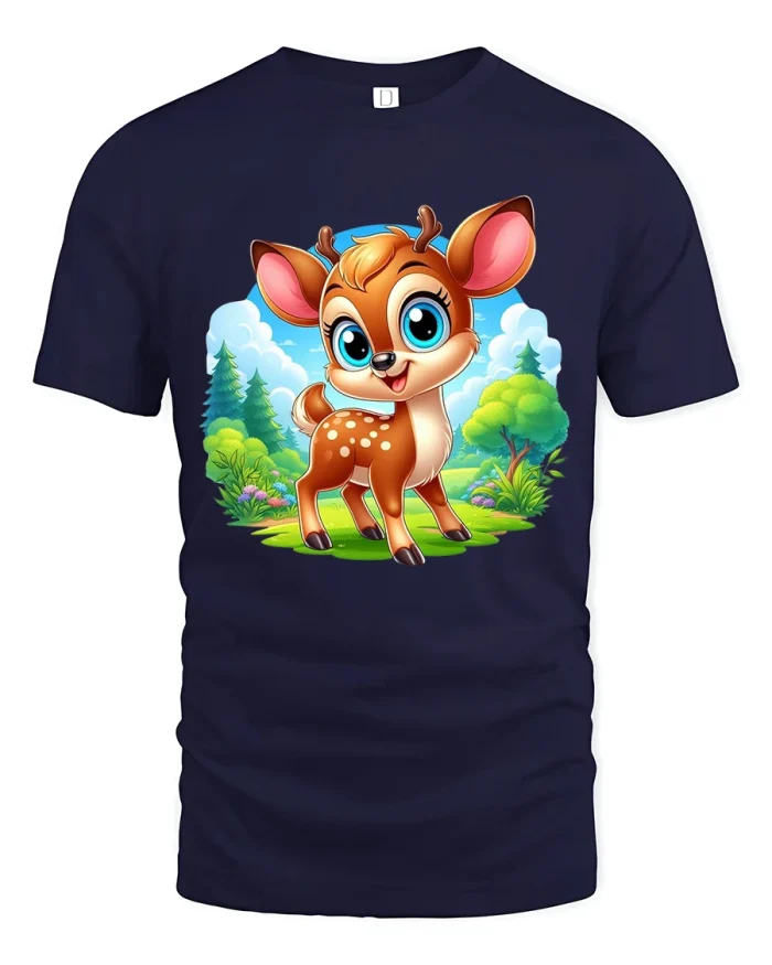 Cute Baby Deer Cartoon Forest Graphic T Shirt - navy t-shirt on white background