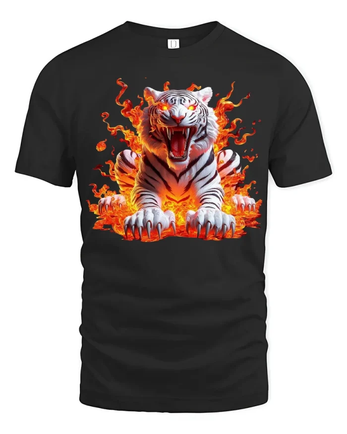 Fierce Fire Tiger T Shirt Flaming Wild Animal Graphic Style - black t-shirt on white background