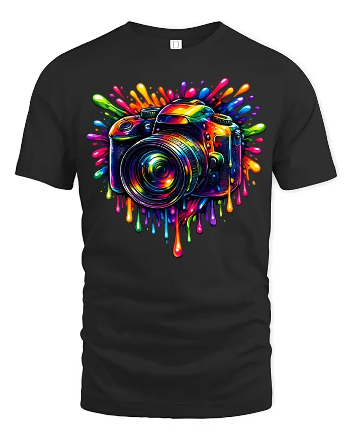 Colorful Camera Graphic T Shirt Artistic Photography Vibes - black t-shirt on white background