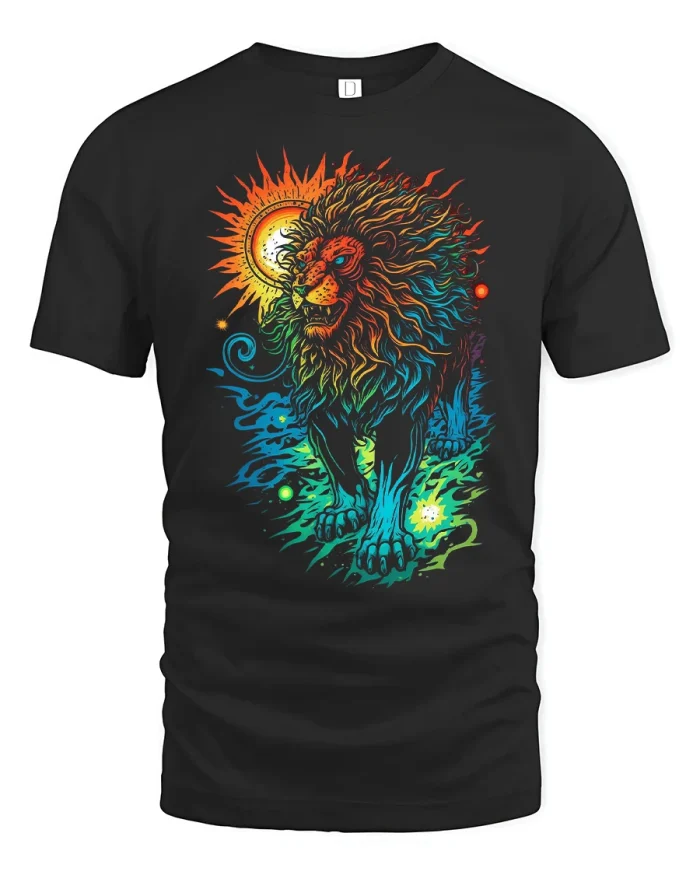 Colorful Lion Graphic T Shirt Bold Artistic Wild King Style - black t-shirt on white background