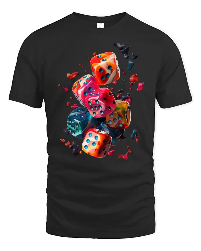 Colorful Dice Graphic T Shirt Lucky Roll Casino Style Art - black t-shirt on white background