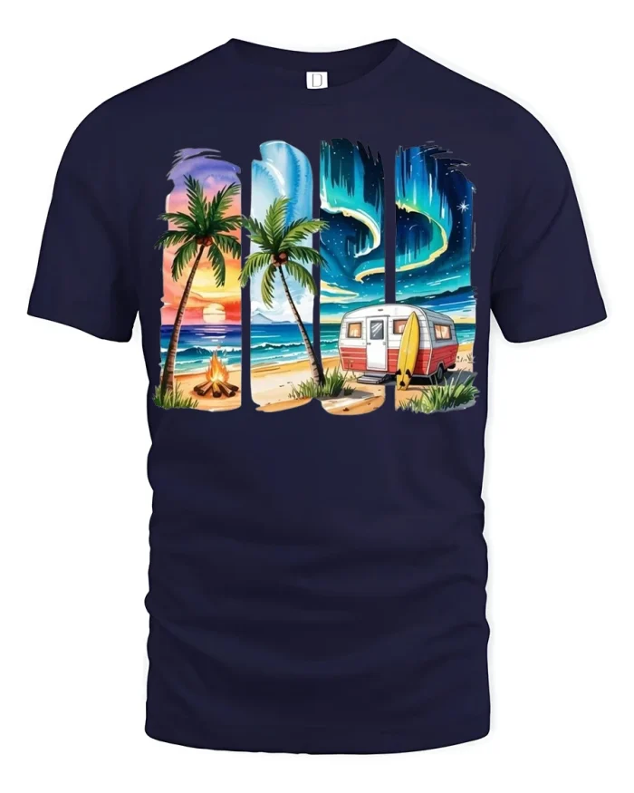 Surf Beach Sunset T Shirt Tropical Camper Ocean Vibes Art - navy t-shirt on white background
