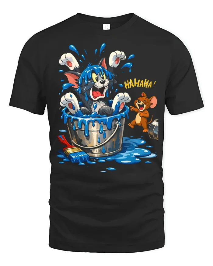 Funny Cat Bucket Splash T Shirt Cartoon Prank Humor Tee - black t-shirt on white background