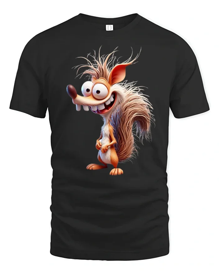 Funny Cartoon Squirrel Crazy Hair Graphic T Shirt Humor Tee - black t-shirt on white background