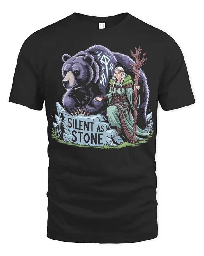 Silent As Stone Bear Fantasy Graphic T Shirt Nature Art Tee - black t-shirt on white background