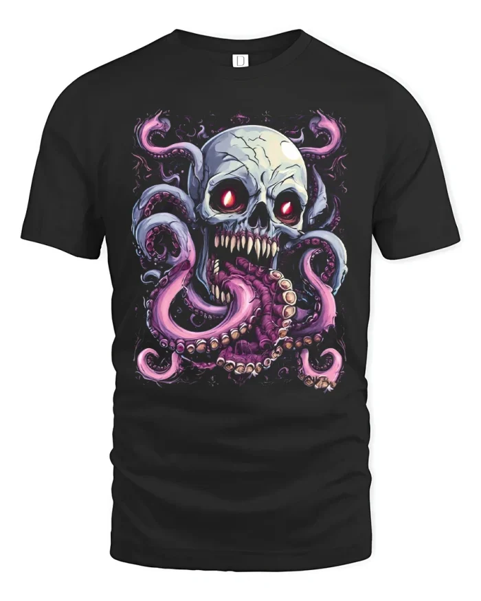 Skull Octopus Tentacle Horror Graphic T Shirt Dark Art Tee - black t-shirt on white background