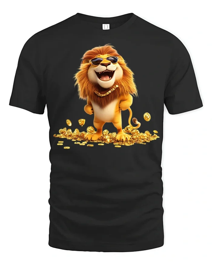 Cool Lion With Sunglasses Gold Coins Funny Graphic T Shirt - black t-shirt on white background