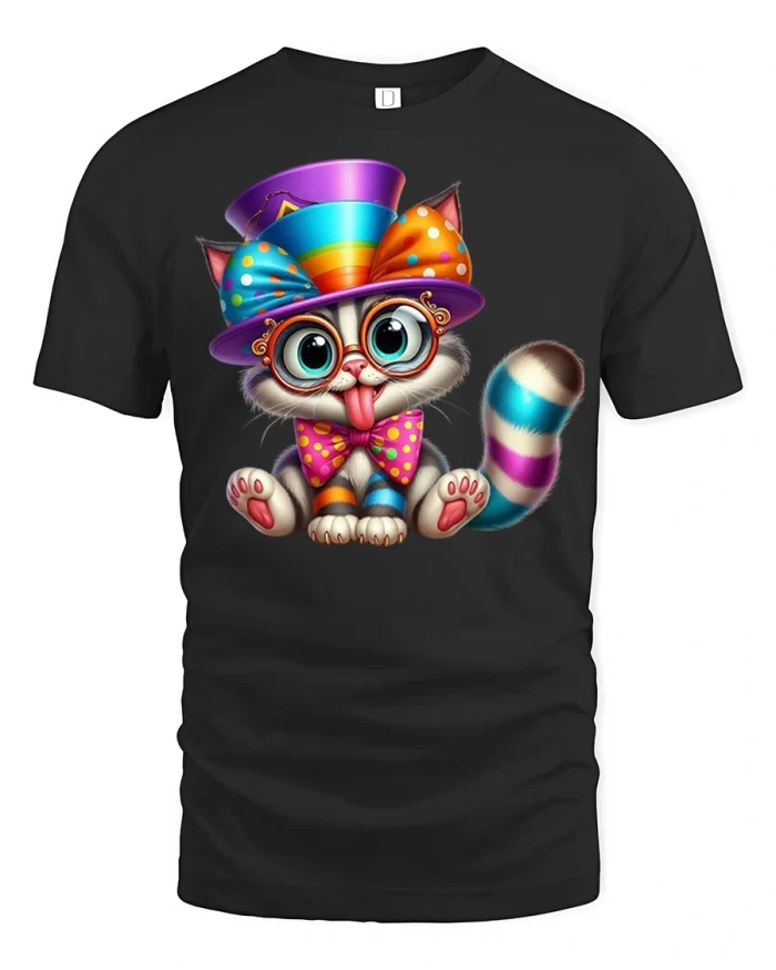 Funny Cute Cat With Hat And Glasses Cartoon Graphic T Shirt - black t-shirt on white background