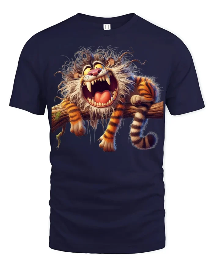 Funny Crazy Tiger Cartoon Hanging Graphic T Shirt Humor Tee - navy t-shirt on white background