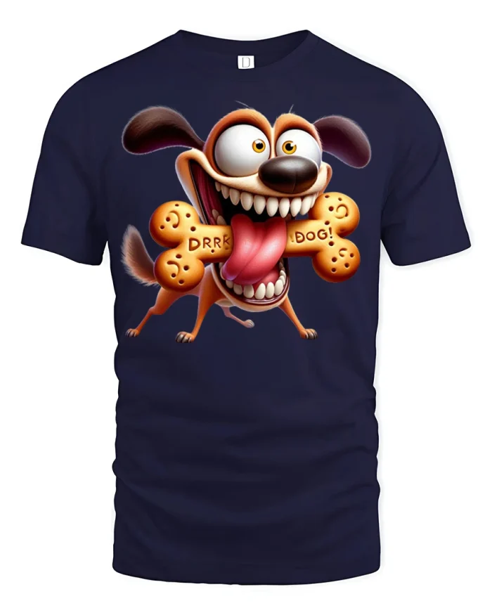 Funny Crazy Dog With Bone Cartoon Graphic T Shirt Humor Tee - navy t-shirt on white background