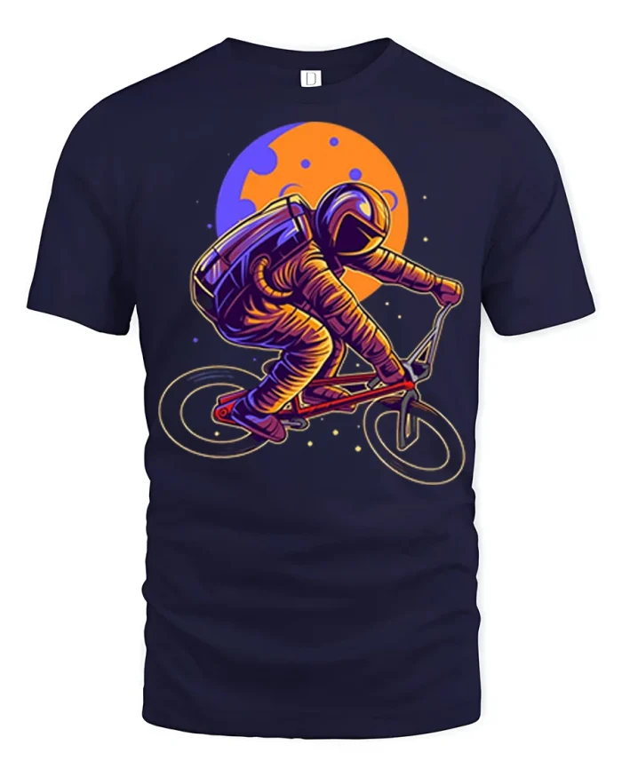 Astronaut Riding BMX Bike Space Retro Graphic T Shirt Tee - navy t-shirt on white background
