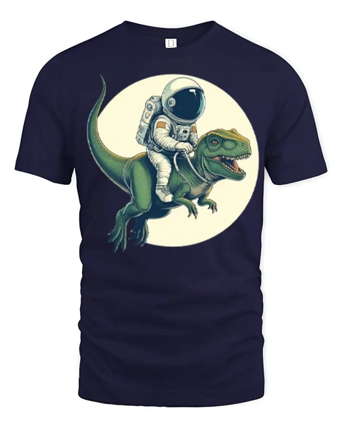 Astronaut Riding Dinosaur Funny Space Graphic T Shirt Tee - navy t-shirt on white background