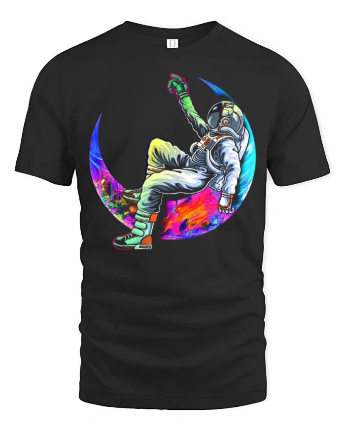 Cosmic Drift Astronaut Graphic T Shirt Neon Space Art Tee - black t-shirt on white background