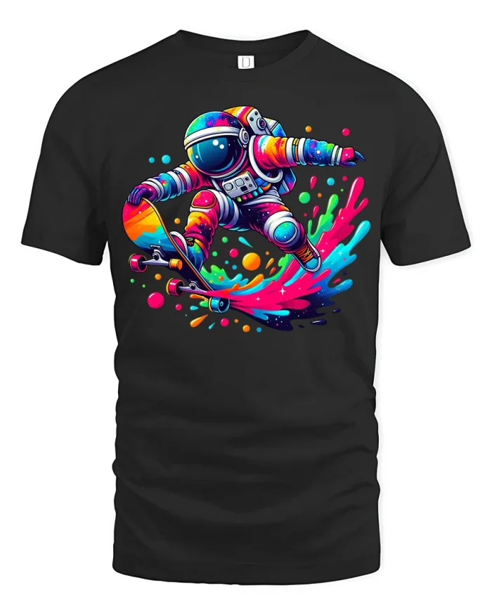 Space Skateboarding Astronaut Graphic T Shirt Color Splash Tee - black t-shirt on white background