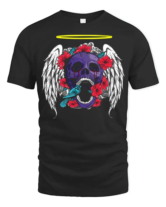 Angel Skull Wings Graphic T Shirt Gothic Flower Art Tee - black t-shirt on white background