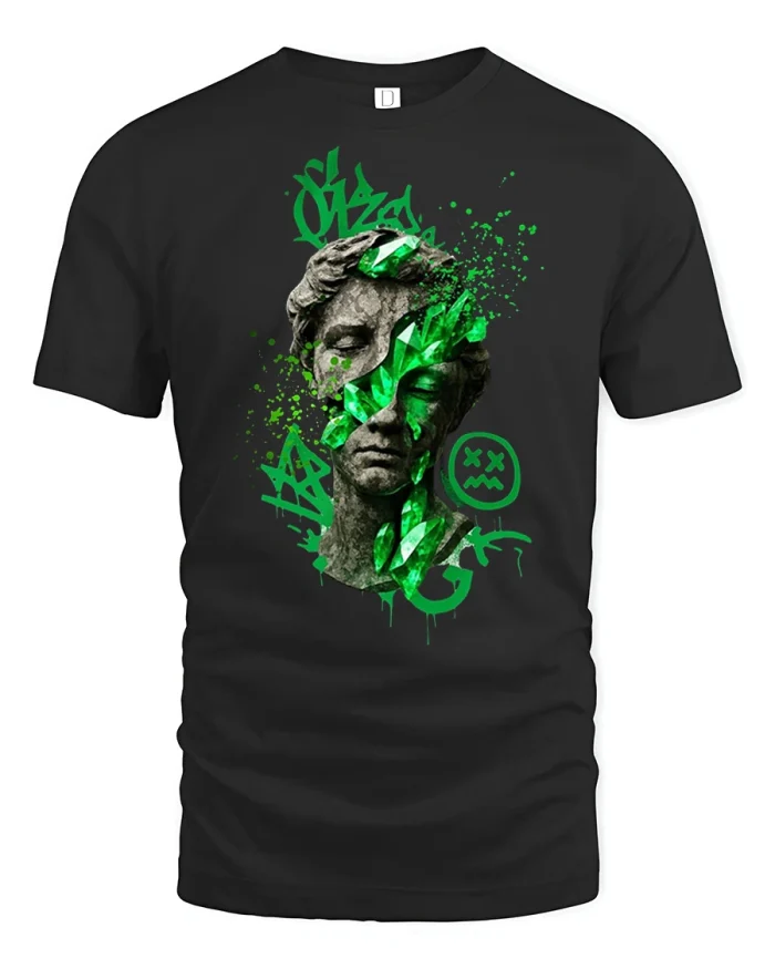 Graffiti Statue Crystal Face Graphic T Shirt Street Art Tee - black t-shirt on white background