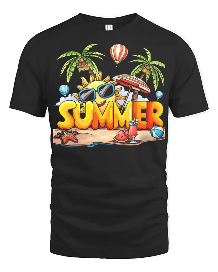 Summer Beach Vibes Graphic T Shirt Tropical Vacation Fun Tee - black t-shirt on white background
