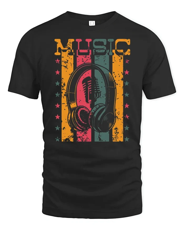 Vintage Music Headphones Graphic T Shirt Retro Music Tee - black t-shirt on white background