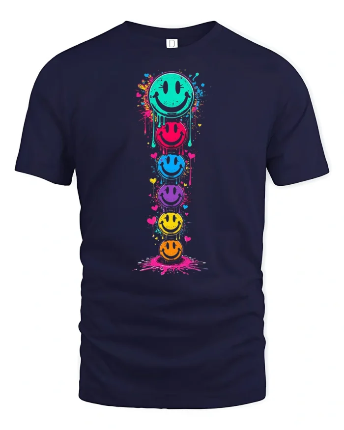 Colorful Smiley Face Graphic T Shirt Happy Vibes Art Tee - navy t-shirt on white background
