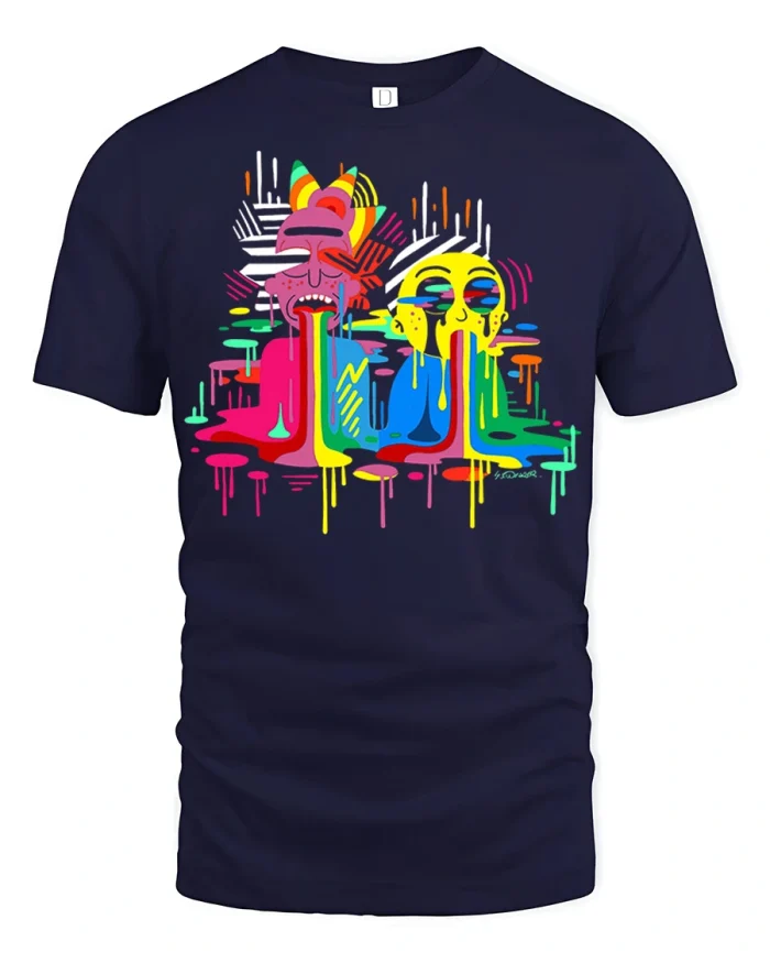 Color Drip Cartoon Faces Graphic T Shirt Street Art Tee - navy t-shirt on white background