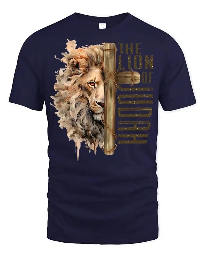 Lion Of Judah Cross Christian Faith Graphic T Shirt Religious Tee - navy t-shirt on white background
