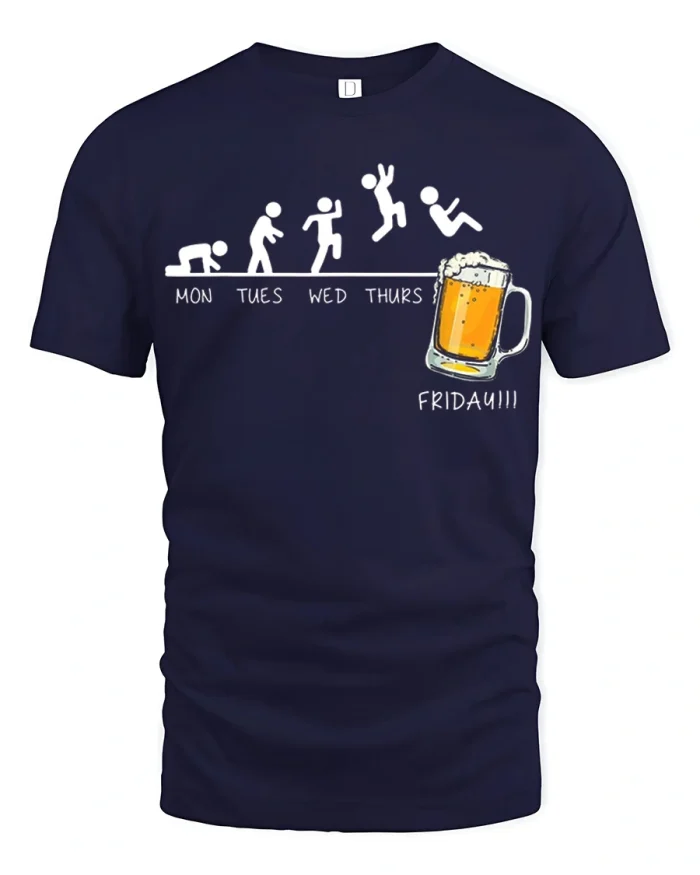 Friday Beer Evolution Funny Graphic T Shirt Weekend Party Tee - navy t-shirt on white background