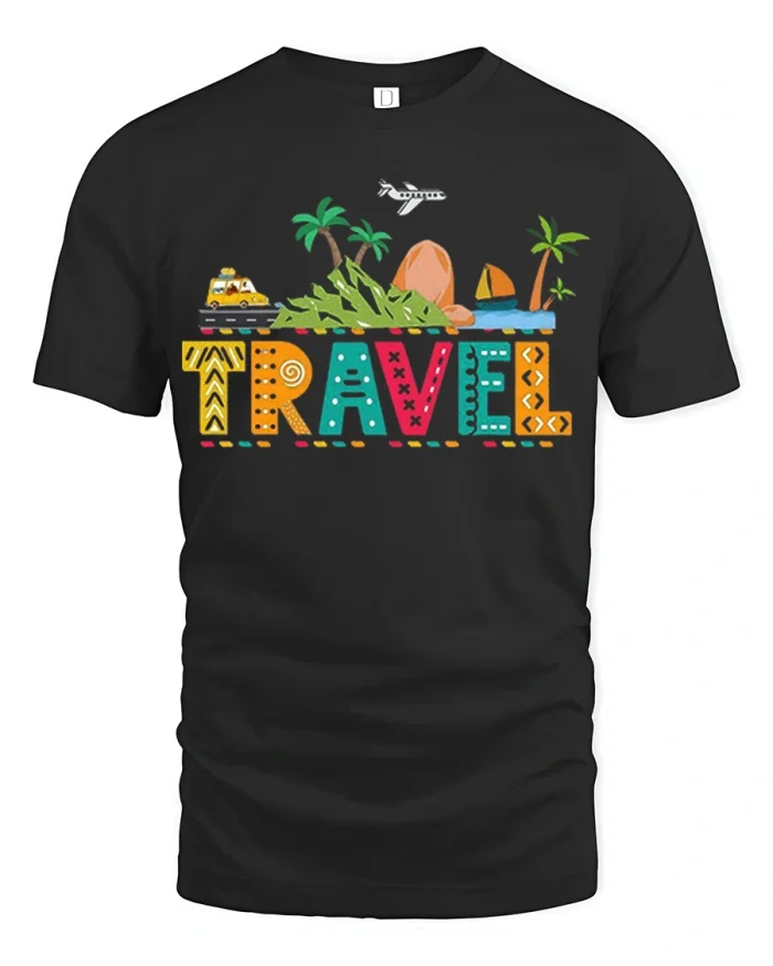 Colorful Travel Graphic T Shirt Adventure Vacation Trip Tee - black t-shirt on white background