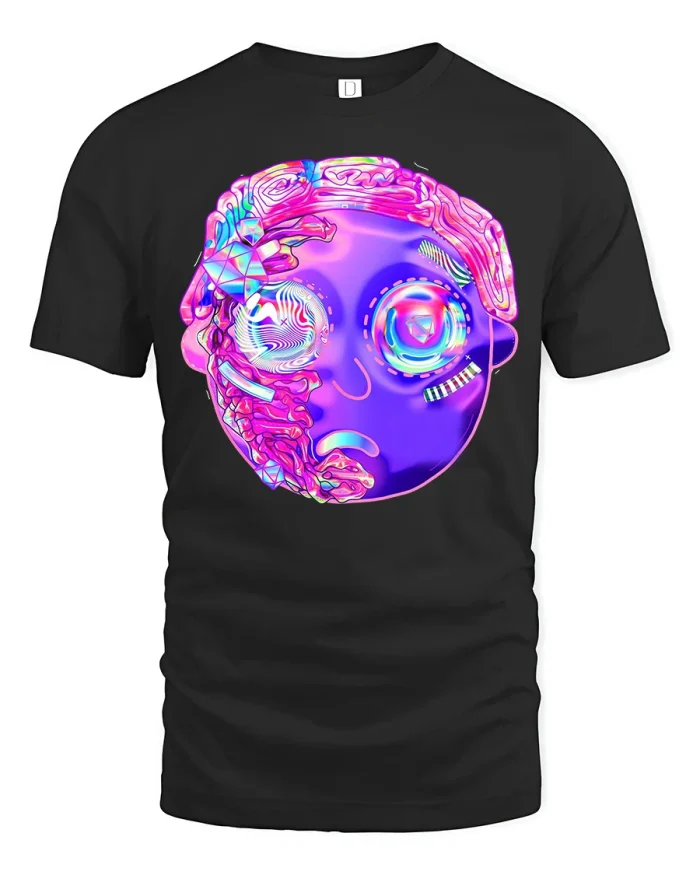 Neon Cyberpunk Face Graphic T Shirt Futuristic Art Tee - black t-shirt on white background