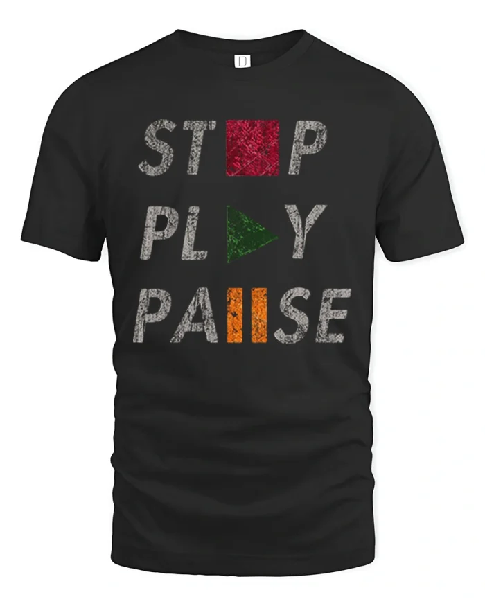 Stop Play Pause Funny Music Control Graphic T Shirt Tee - black t-shirt on white background