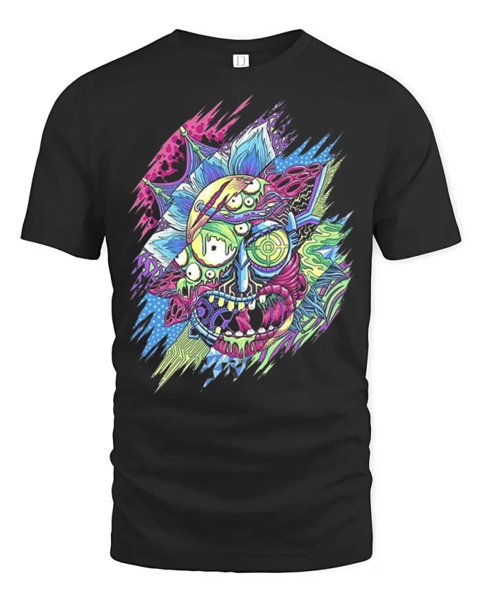 Neon Zombie Skull Graphic T Shirt Retro Punk Monster Tee - black t-shirt on white background