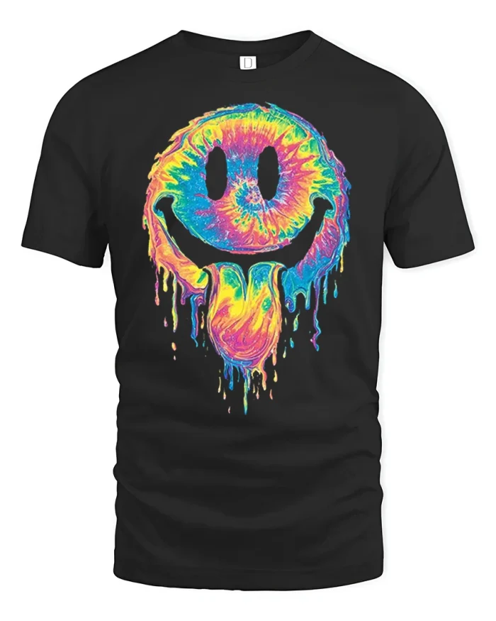 Melting Rainbow Smiley Face Graphic T Shirt Funny Retro Tee - black t-shirt on white background